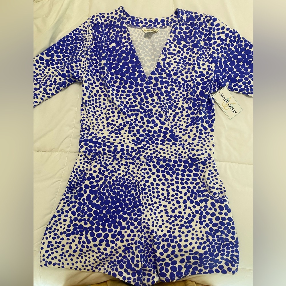 MAHI GOLD Blue and White Patterned Romper